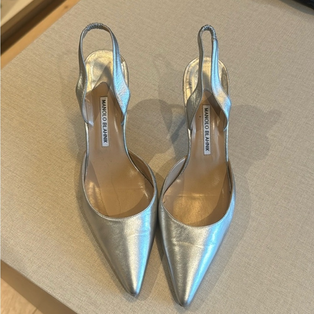 Manolo Blahnik Carolyne Metallic Silver Pointed Heels
